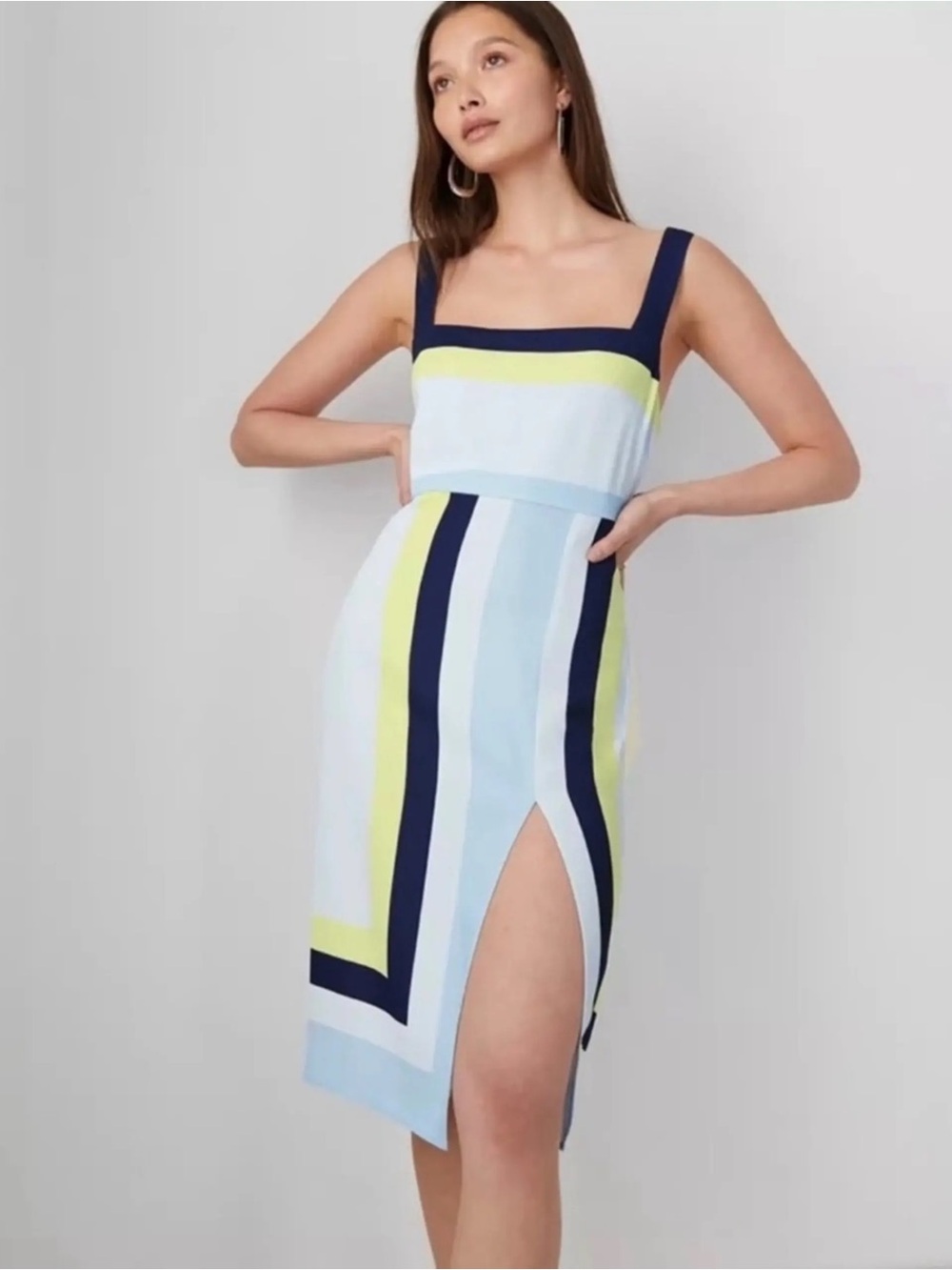 Aritzia Striped Square-Neck Midi Dress in Light Blue, Navy & Yellow
